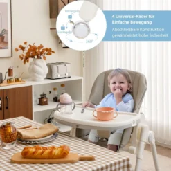 Klappbarer Babyhochstuhl mit 6 Höhen & Abnehmbarem Tablett & PU-Kissen Grau