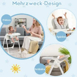 Klappbarer Babyhochstuhl mit 6 Höhen & Abnehmbarem Tablett & PU-Kissen Grau