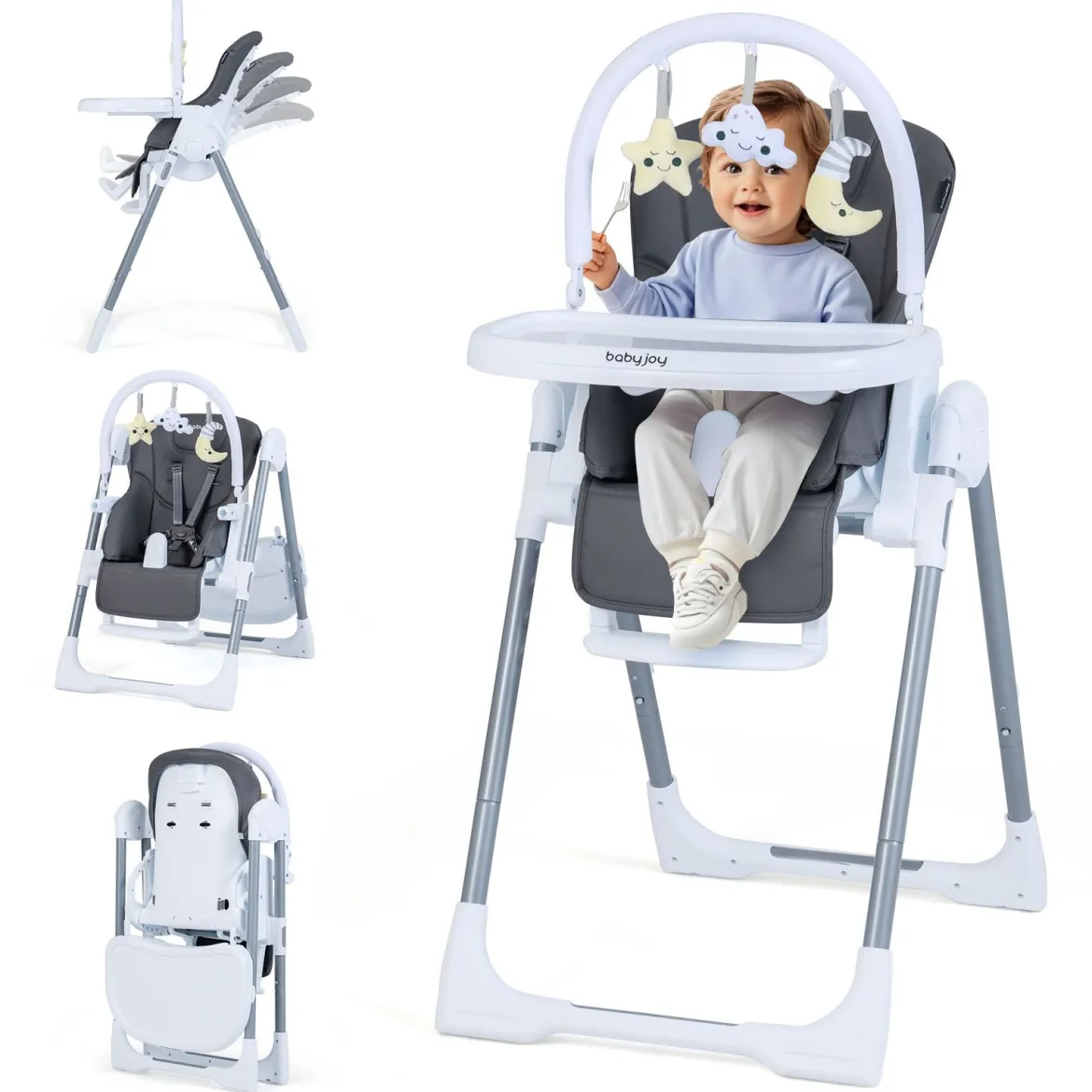 Klappbarer Baby Hochstuhl mit Liegefunktion & Verstellbarer Rückenlehne Babystuhl Dunkelgrau