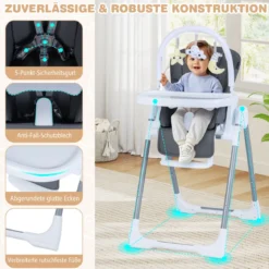 Klappbarer Baby Hochstuhl mit Liegefunktion & Verstellbarer Rückenlehne Babystuhl Dunkelgrau