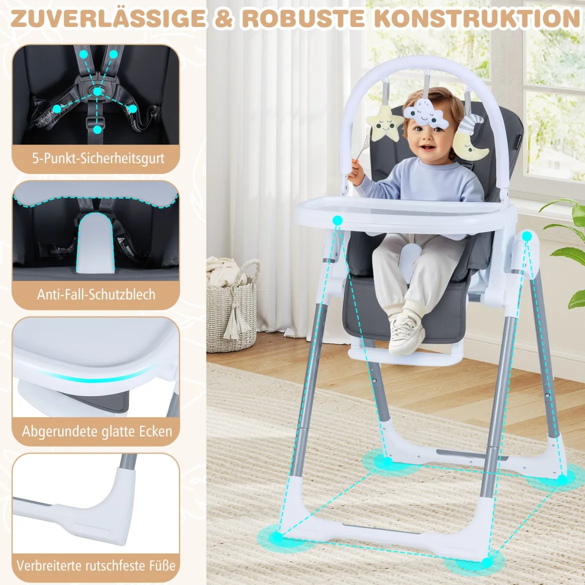 Klappbarer Baby Hochstuhl mit Liegefunktion & Verstellbarer Rückenlehne Babystuhl Dunkelgrau