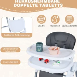 Klappbarer Baby Hochstuhl mit Liegefunktion & Verstellbarer Rückenlehne Babystuhl Dunkelgrau