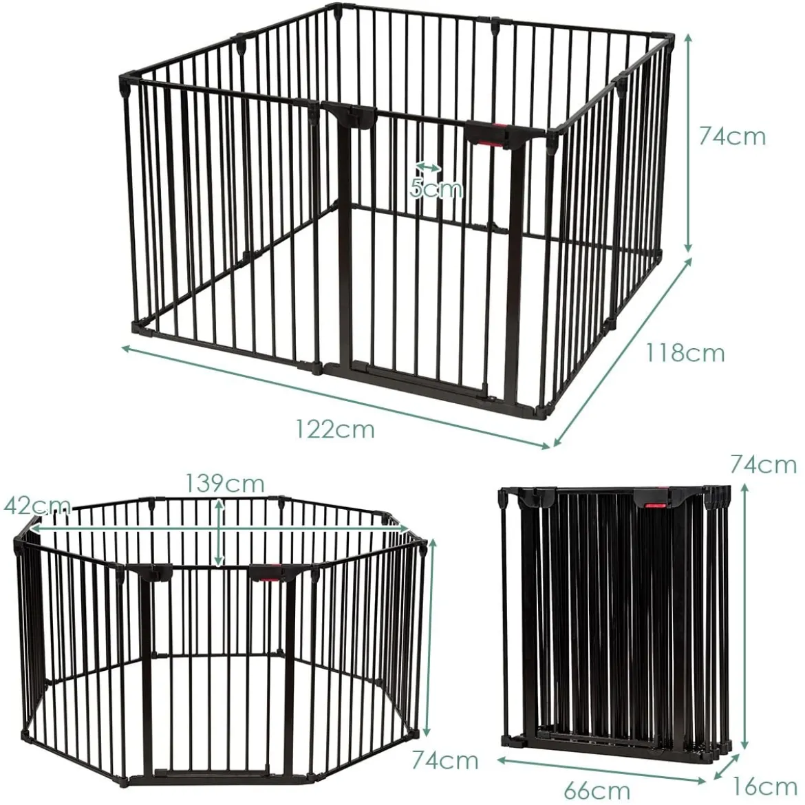 Klappbarer Baby Kaminschutzgitter inkl. 8 Elementen Laufgitter mit Sicherheitstür 480 x 74 cm
