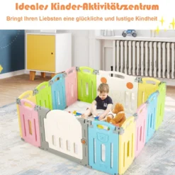Klappbarer Baby Laufstall mit 14 Paneelen Laufgitter mit Tür & Spielzeugboard Spielzaun Bunt