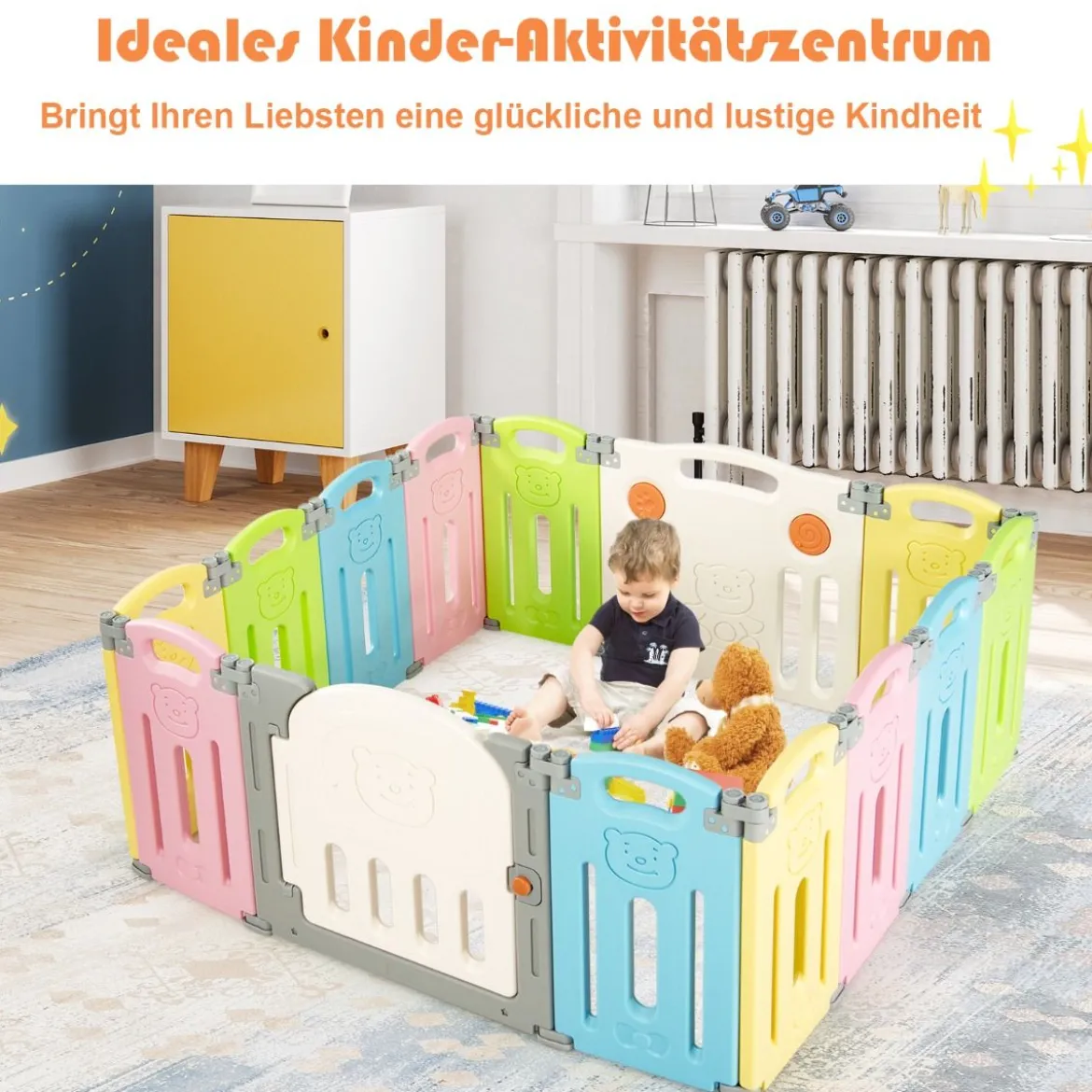 Klappbarer Baby Laufstall mit 14 Paneelen Laufgitter mit Tür & Spielzeugboard Spielzaun Bunt