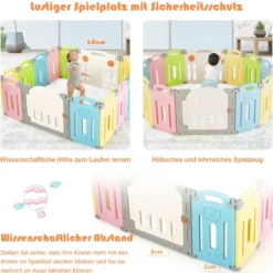 Klappbarer Baby Laufstall mit 14 Paneelen Laufgitter mit Tür & Spielzeugboard Spielzaun Bunt