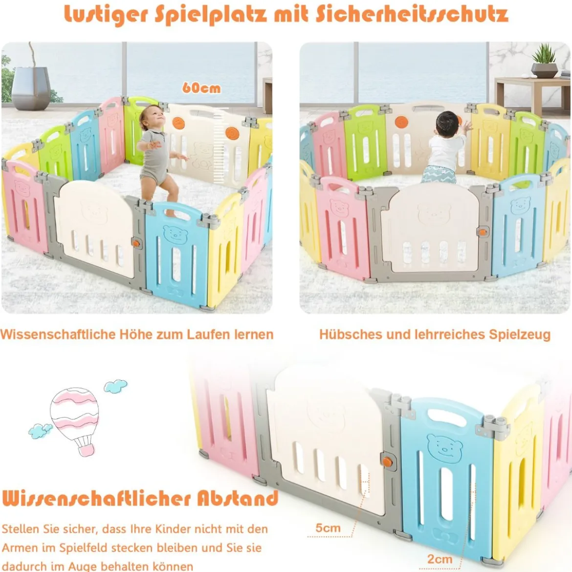 Klappbarer Baby Laufstall mit 14 Paneelen Laufgitter mit Tür & Spielzeugboard Spielzaun Bunt