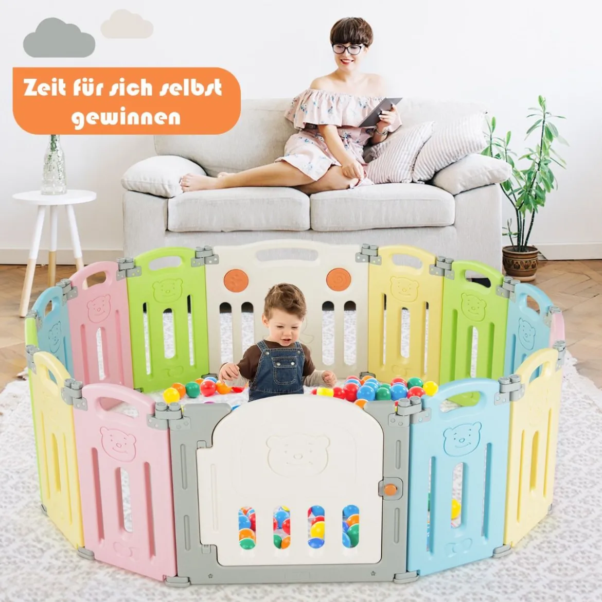 Klappbarer Baby Laufstall mit 14 Paneelen Laufgitter mit Tür & Spielzeugboard Spielzaun Bunt