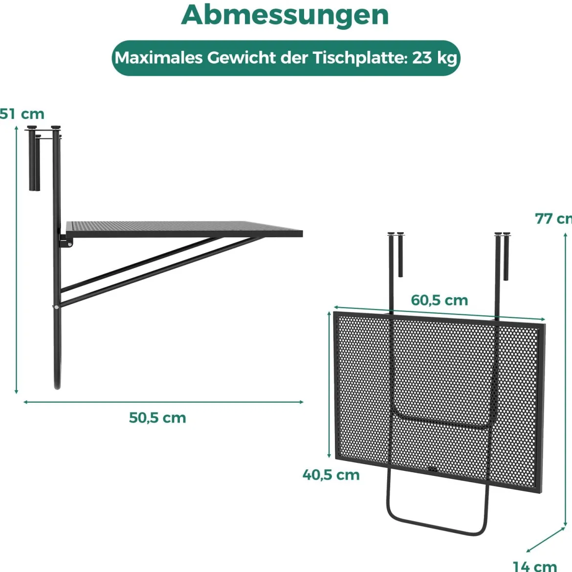 Klappbarer Balkontisch Rechteckiger Hängetisch zum Einhängen Metall Klapptisch Schwarz
