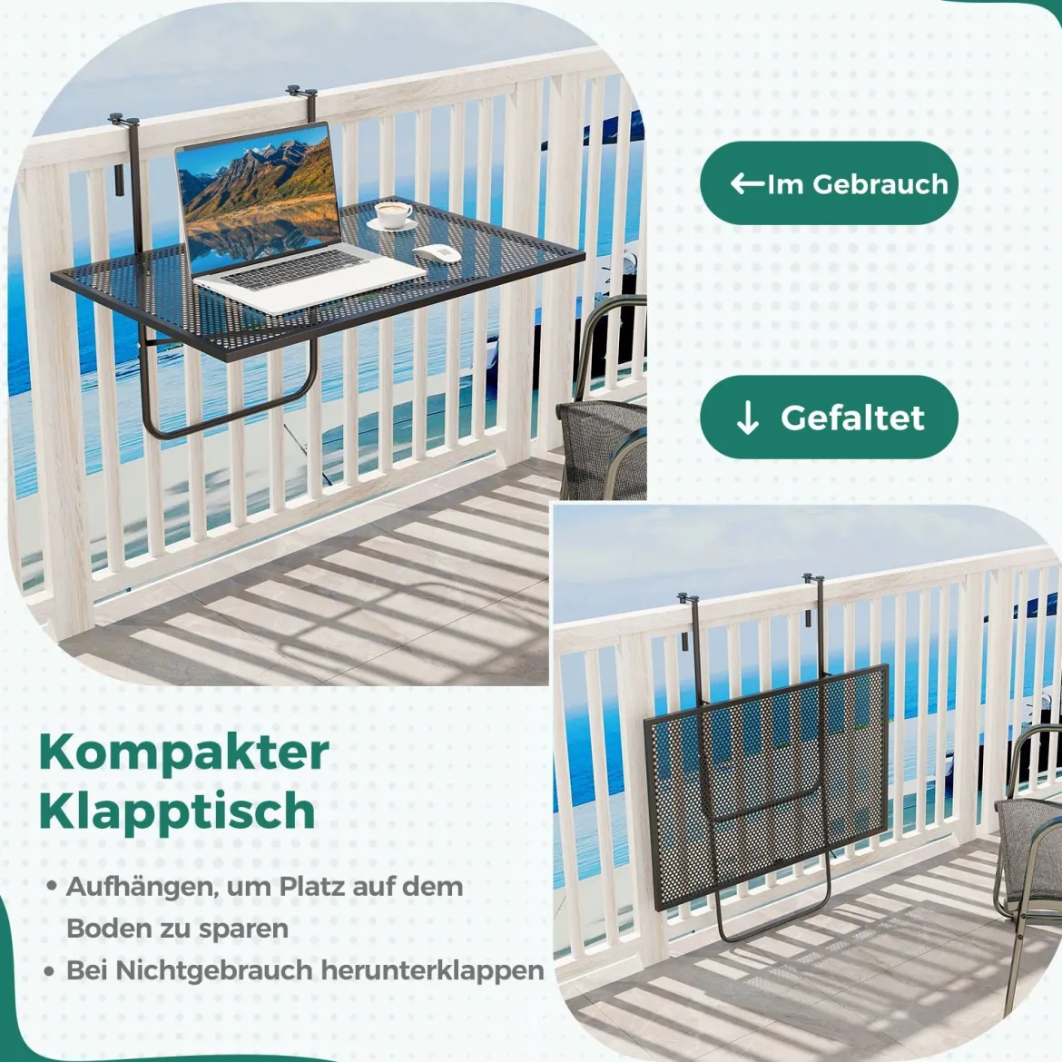 Klappbarer Balkontisch Rechteckiger Hängetisch zum Einhängen Metall Klapptisch Schwarz