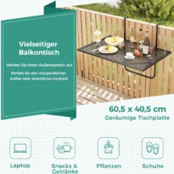 Klappbarer Balkontisch Rechteckiger Hängetisch zum Einhängen Metall Klapptisch Schwarz