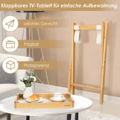 Klappbarer Beistelltisch aus Bambus mit Integrierten Stahlgriffen & Abnehmbarem Tablett