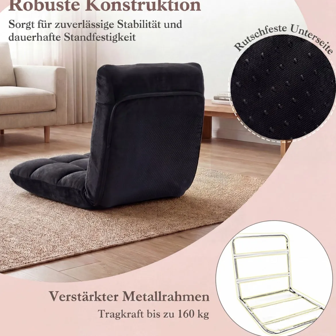 Klappbarer Bodenstuhl Bodensessel mit Verstellbarer Rückenlehne & Hochdichtem Schaumstoff 66,5 x 53 x 53 cm