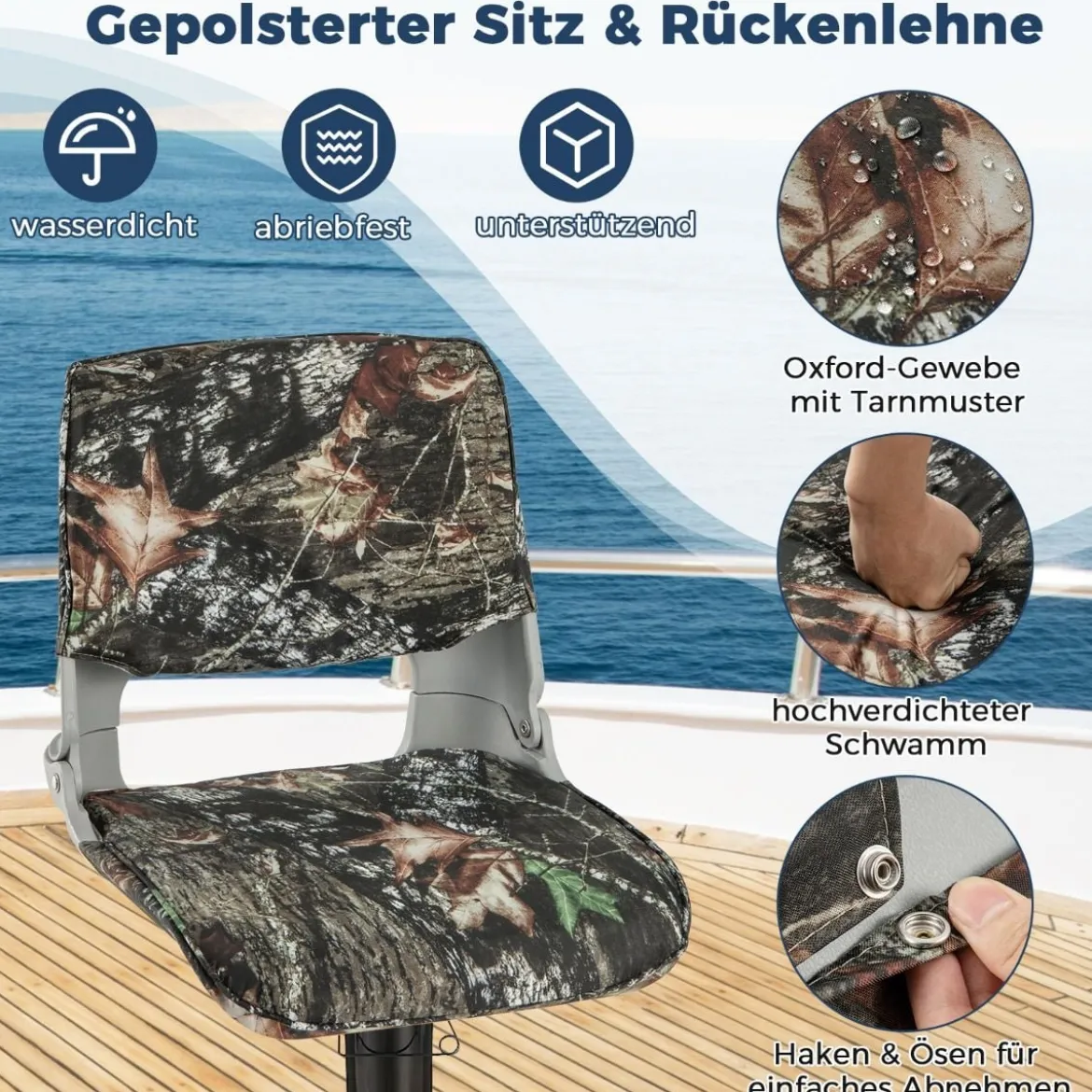 Klappbarer Bootssitz mit Niedriger Rückenlehne Bootsstuhl Gepolsterter Steuerstuhl 50 x 50 x 47 cm