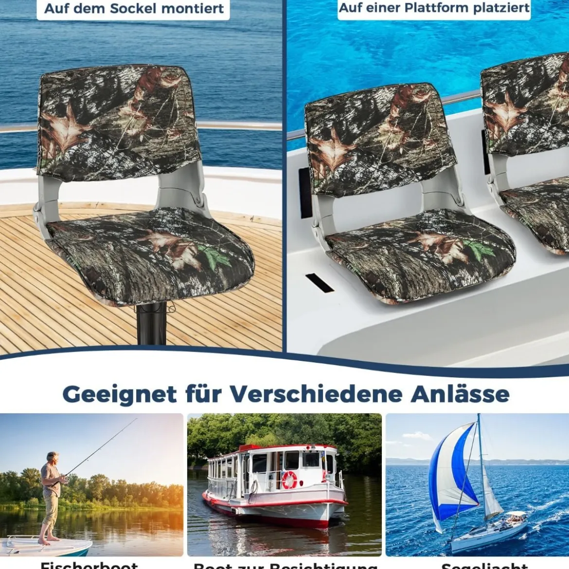 Klappbarer Bootssitz mit Niedriger Rückenlehne Bootsstuhl Gepolsterter Steuerstuhl 50 x 50 x 47 cm