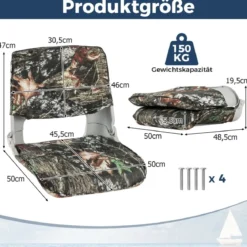 Klappbarer Bootssitz mit Niedriger Rückenlehne Bootsstuhl Gepolsterter Steuerstuhl 50 x 50 x 47 cm