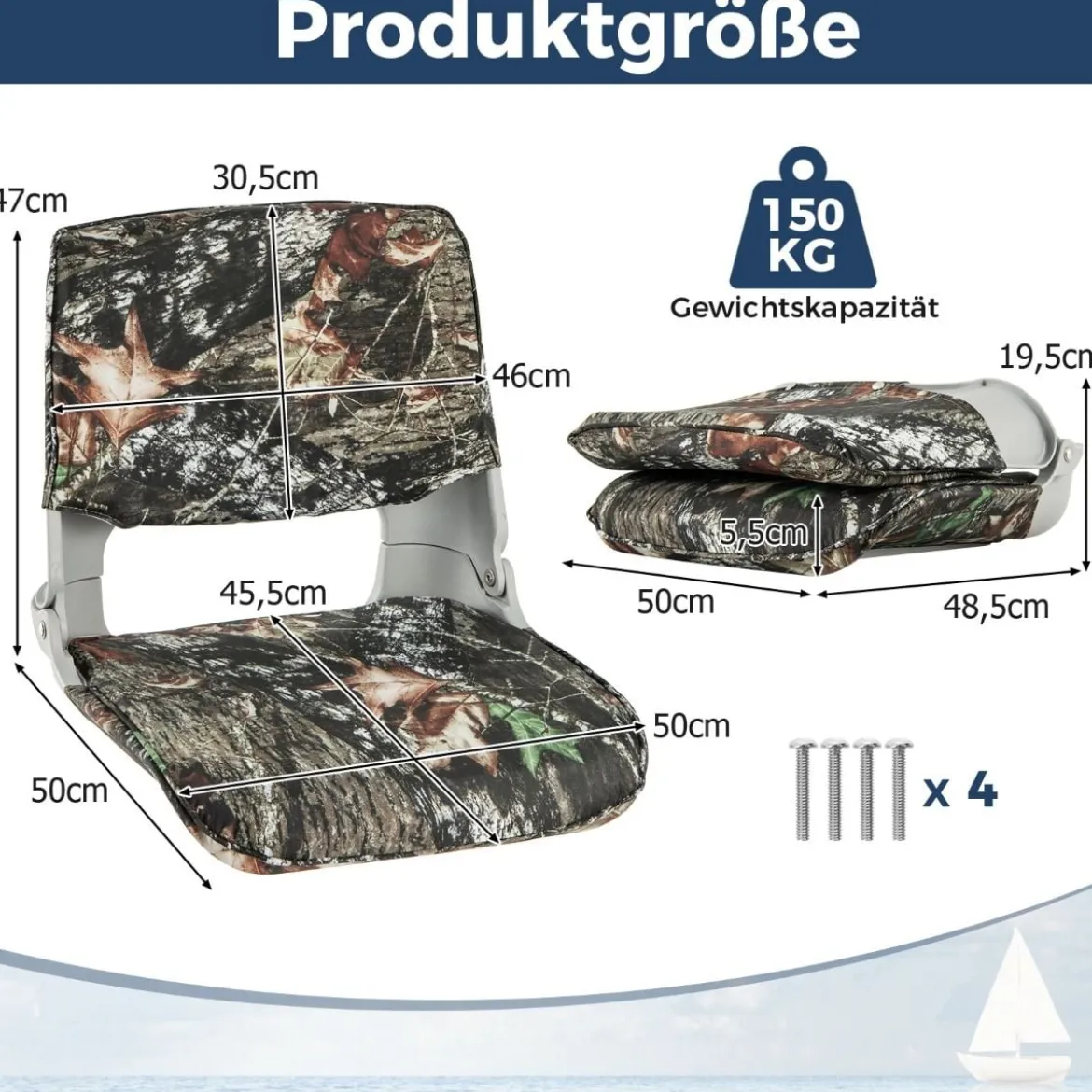 Klappbarer Bootssitz mit Niedriger Rückenlehne Bootsstuhl Gepolsterter Steuerstuhl 50 x 50 x 47 cm