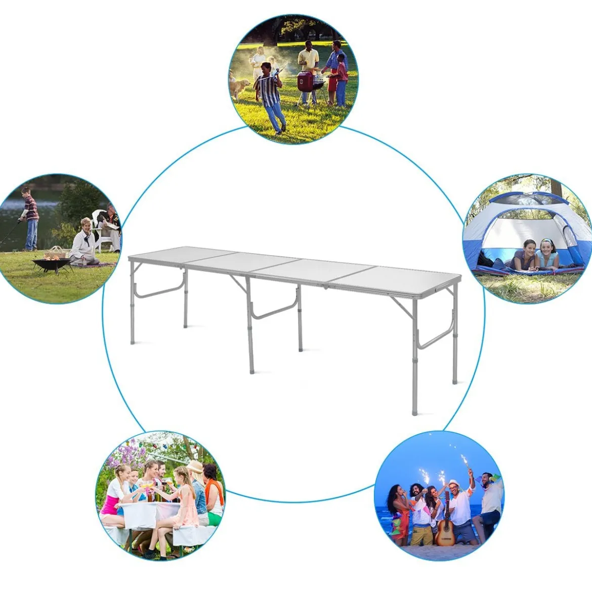 klappbarer Campingrtisch Aluminium Klapptisch 240 x 60 cm Picknicktisch Gartentisch für Indoor- und Outdoor Silber
