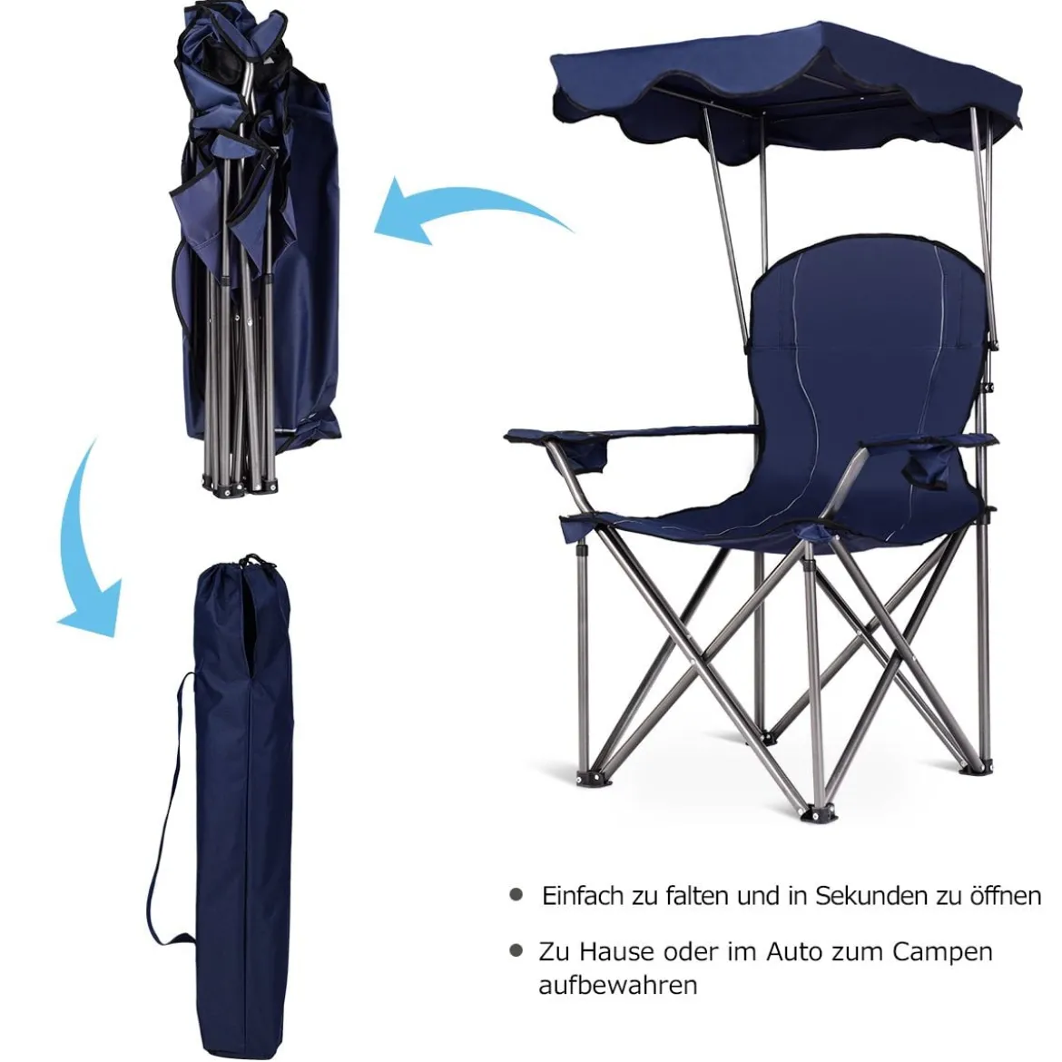 Klappbarer Campingstuhl mit Sonnendach Getränkehalter Tragtasche96,5 x 67,5 x 130 cm Blau