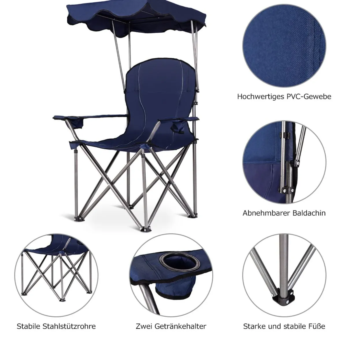 Klappbarer Campingstuhl mit Sonnendach Getränkehalter Tragtasche96,5 x 67,5 x 130 cm Blau