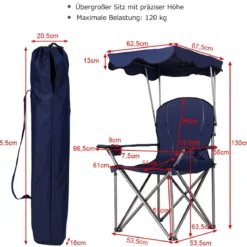 Klappbarer Campingstuhl mit Sonnendach Getränkehalter Tragtasche96,5 x 67,5 x 130 cm Blau