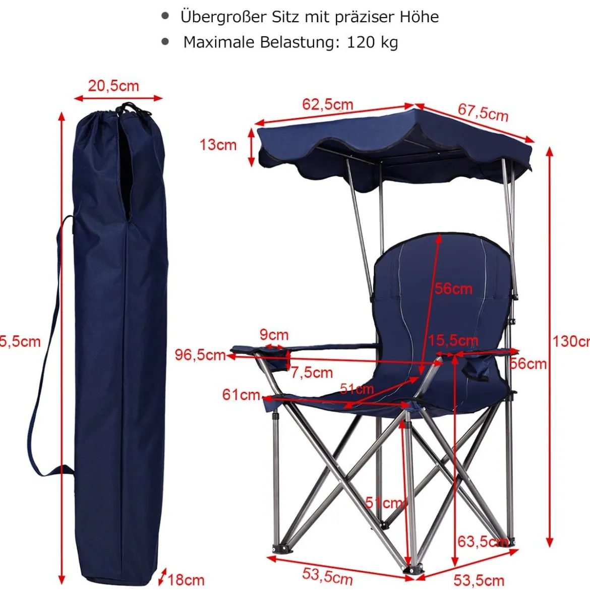 Klappbarer Campingstuhl mit Sonnendach Getränkehalter Tragtasche96,5 x 67,5 x 130 cm Blau