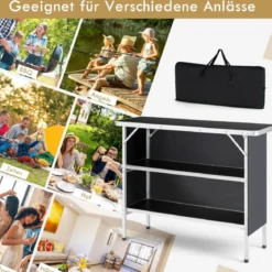 Klappbarer Campingtisch aus Aluminium mit 2-stöckigen Regalen Campingschrank Schwarz