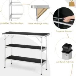 Klappbarer Campingtisch aus Aluminium mit 2-stöckigen Regalen Campingschrank Schwarz