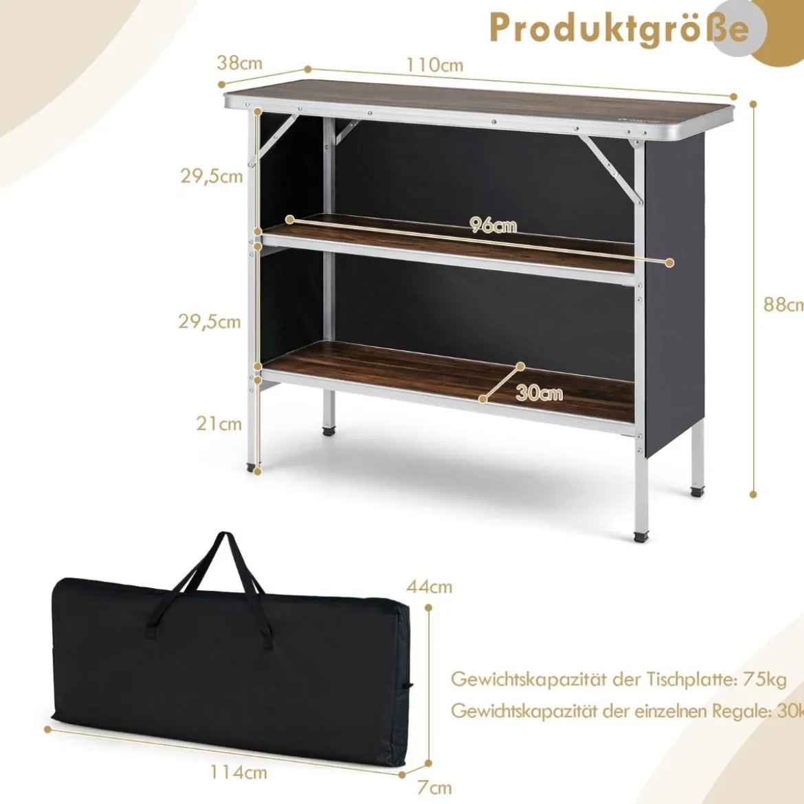 Klappbarer Campingtisch aus Aluminium mit 2-stöckigen Regalen Campingschrank Kaffe