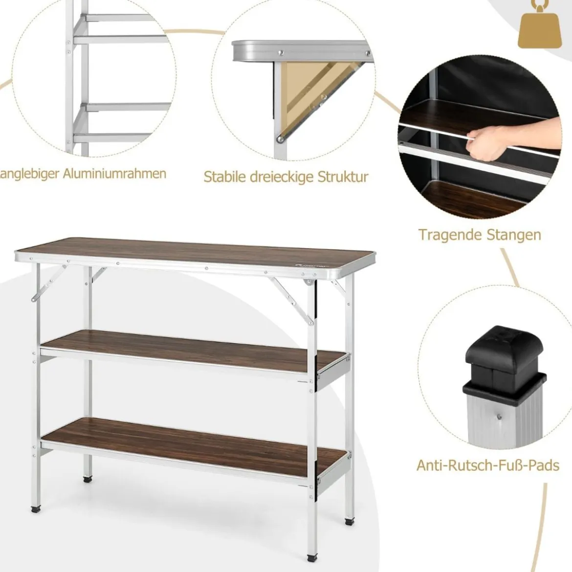 Klappbarer Campingtisch aus Aluminium mit 2-stöckigen Regalen Campingschrank Kaffe
