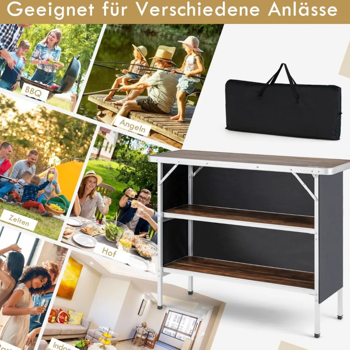 Klappbarer Campingtisch aus Aluminium mit 2-stöckigen Regalen Campingschrank Kaffe
