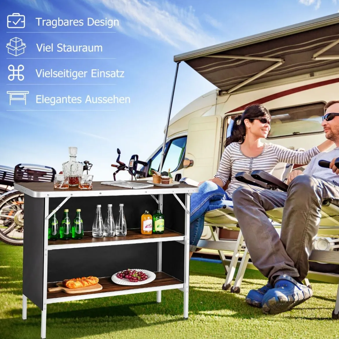 Klappbarer Campingtisch aus Aluminium mit 2-stöckigen Regalen Campingschrank Kaffe
