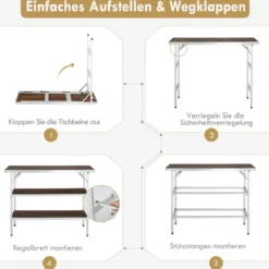 Klappbarer Campingtisch aus Aluminium mit 2-stöckigen Regalen Campingschrank Kaffe