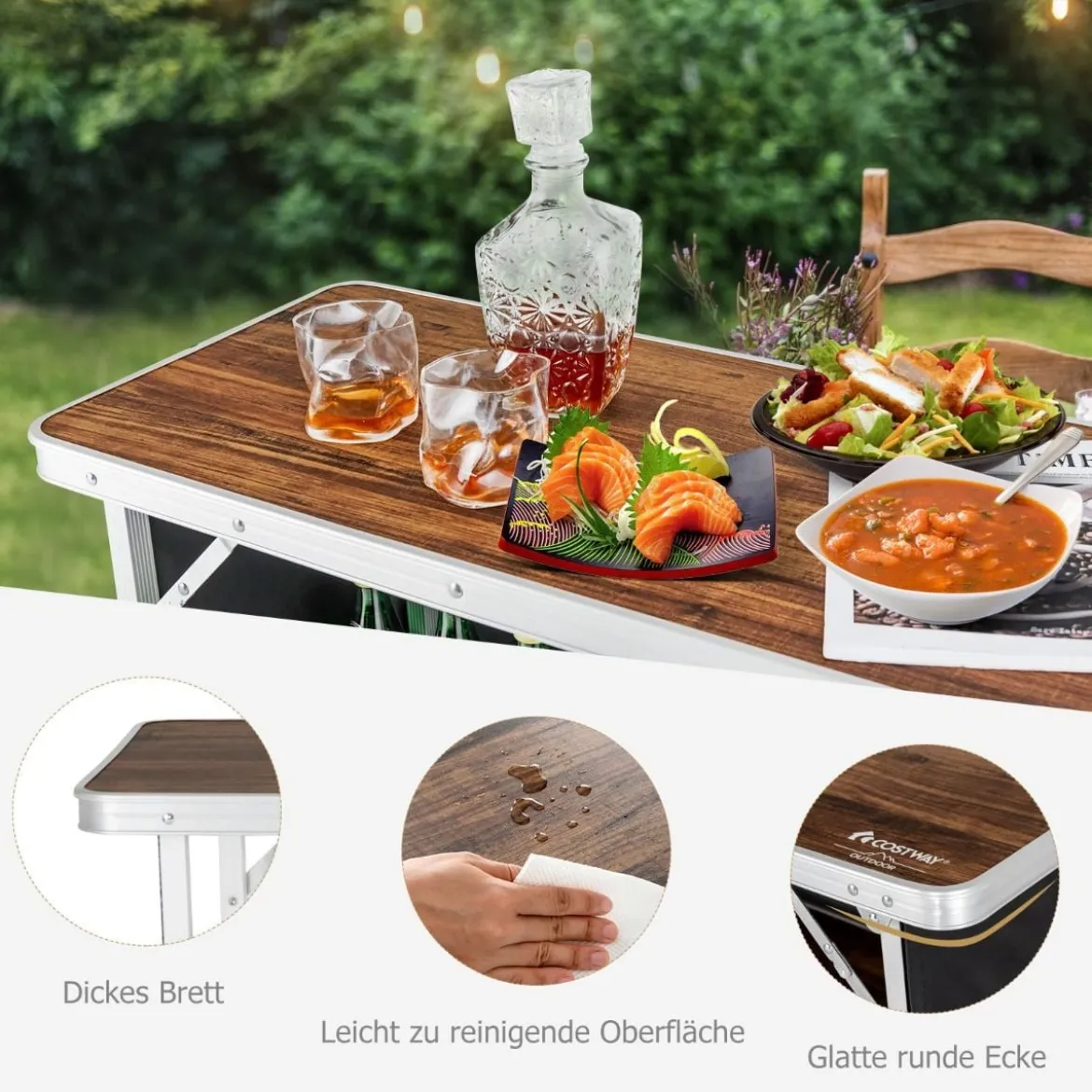 Klappbarer Campingtisch aus Aluminium mit 2-stöckigen Regalen Campingschrank Kaffe