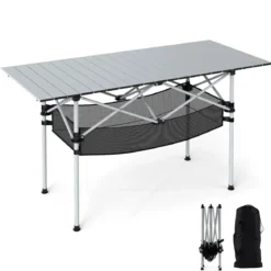 Klappbarer Campingtisch für Terrasse tragbarer Picknicktisch mit aufrollbarer Aluminium-Tischplatte & Netzkorb Silber