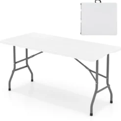 Klappbarer Campingtisch mit HDPE-Tischplatte & Tragegriff Gartentisch Klapptisch 152 x 70 cm Weiß