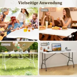 Klappbarer Campingtisch mit HDPE-Tischplatte & Tragegriff Gartentisch Klapptisch 152 x 70 cm Weiß