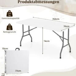 Klappbarer Campingtisch mit HDPE-Tischplatte & Tragegriff Gartentisch Klapptisch 152 x 70 cm Weiß