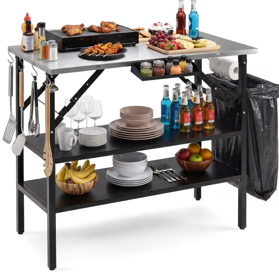 Klappbarer Campingtisch mit 2 Edelstahl Arbeitsplatten Tragbarer Grilltisch mit Gewürzregal