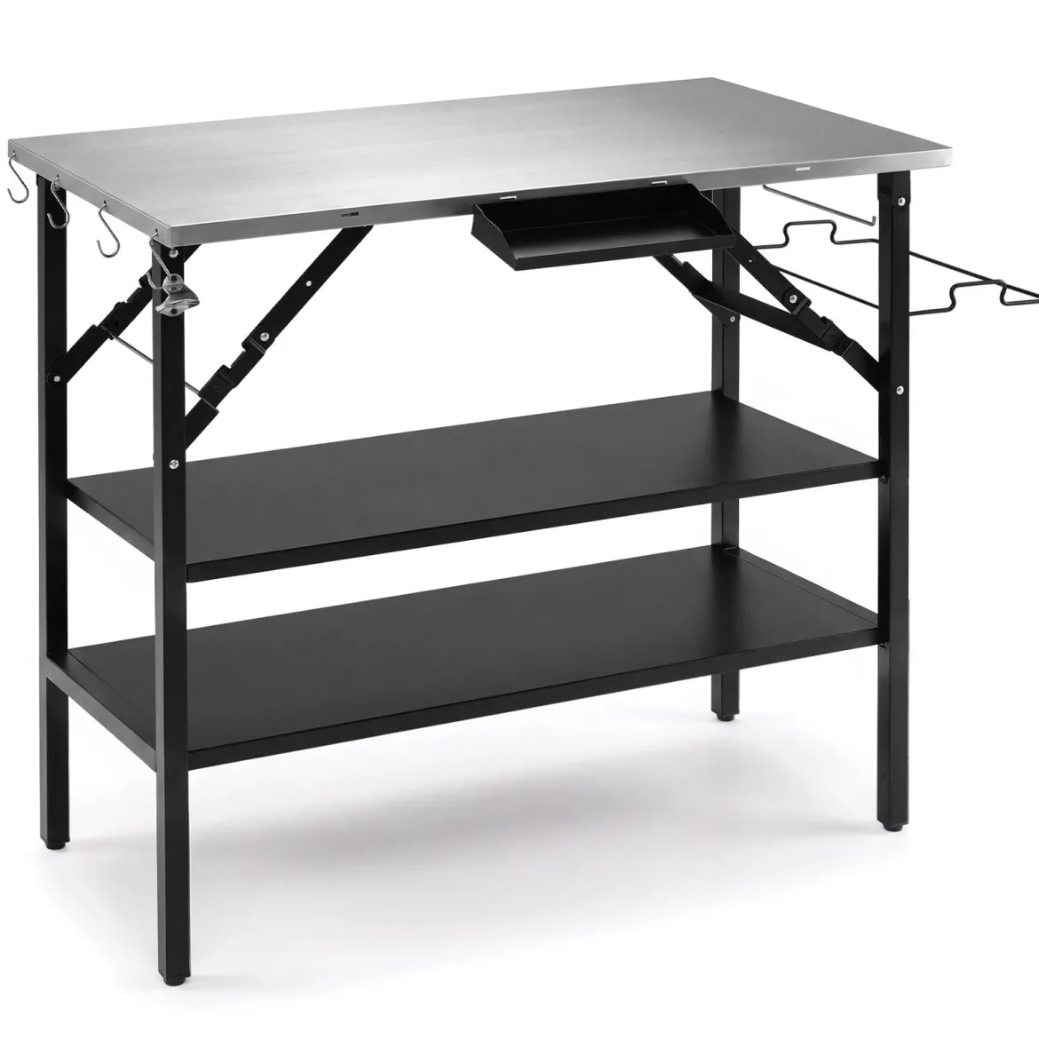 Klappbarer Campingtisch mit 2 Edelstahl Arbeitsplatten Tragbarer Grilltisch mit Gewürzregal