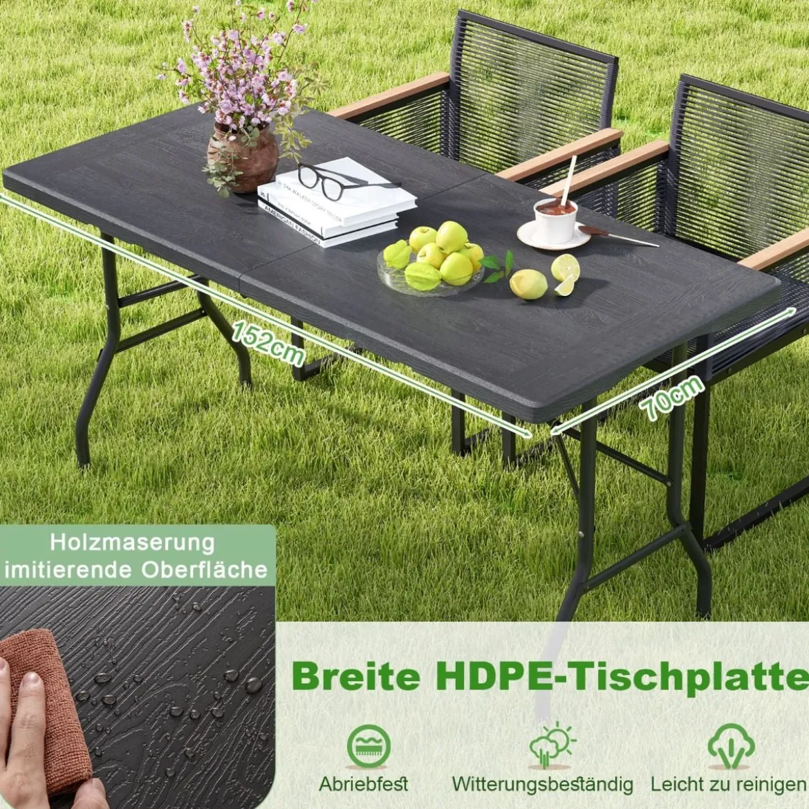 Klappbarer Campingtisch mit HDPE-Tischplatte & Tragegriff Gartentisch Klapptisch 152 x 70 cm
