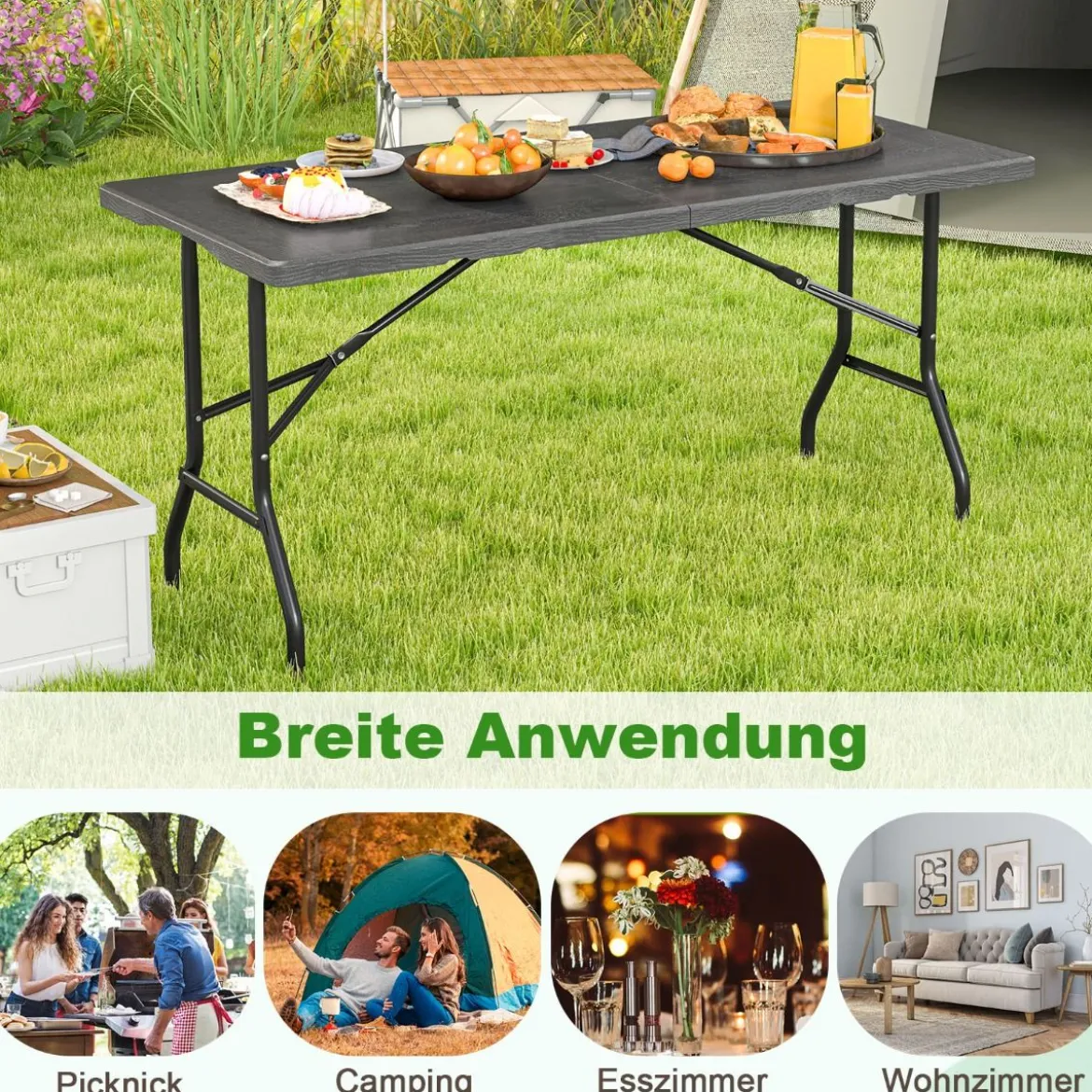Klappbarer Campingtisch mit HDPE-Tischplatte & Tragegriff Gartentisch Klapptisch 152 x 70 cm