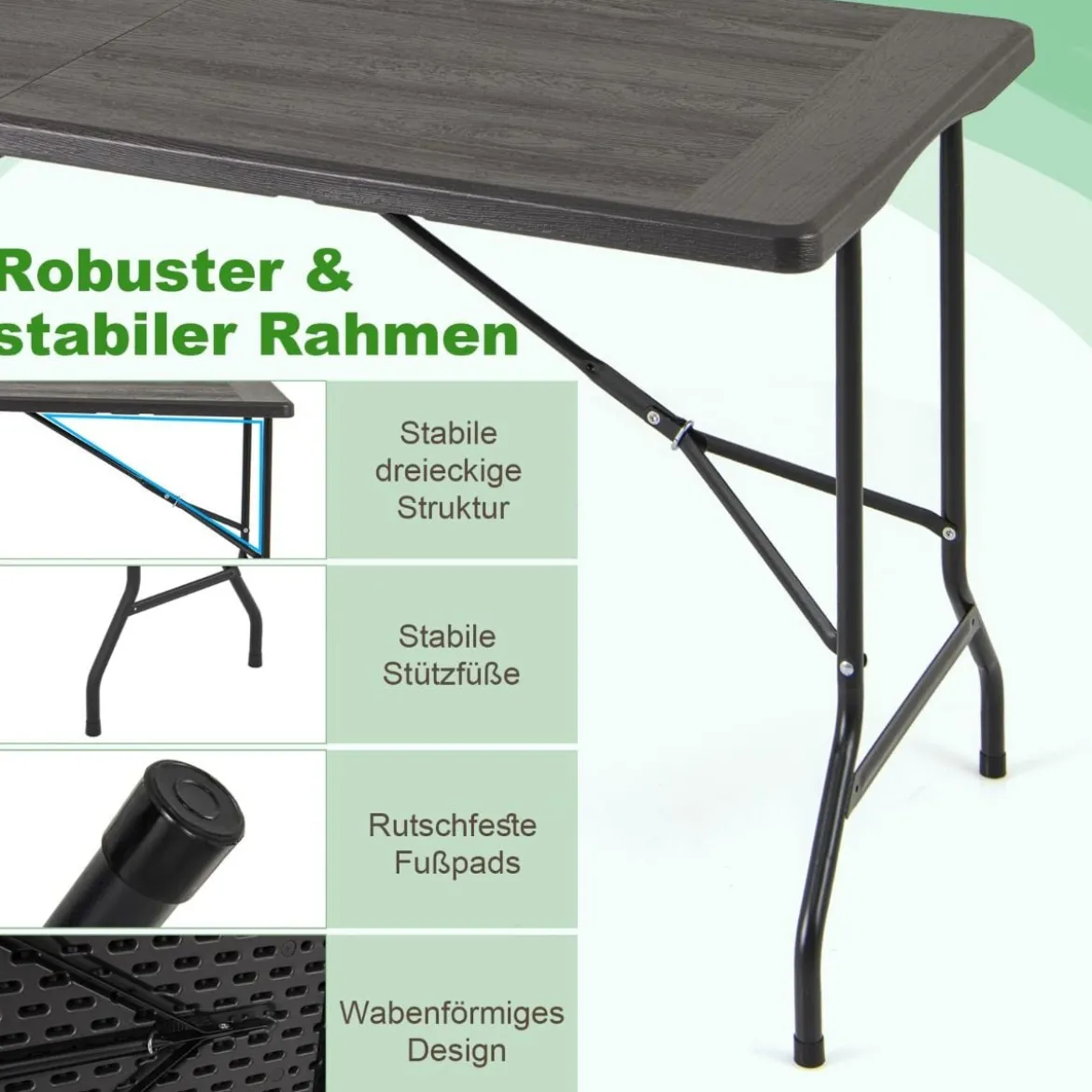Klappbarer Campingtisch mit HDPE-Tischplatte & Tragegriff Gartentisch Klapptisch 152 x 70 cm