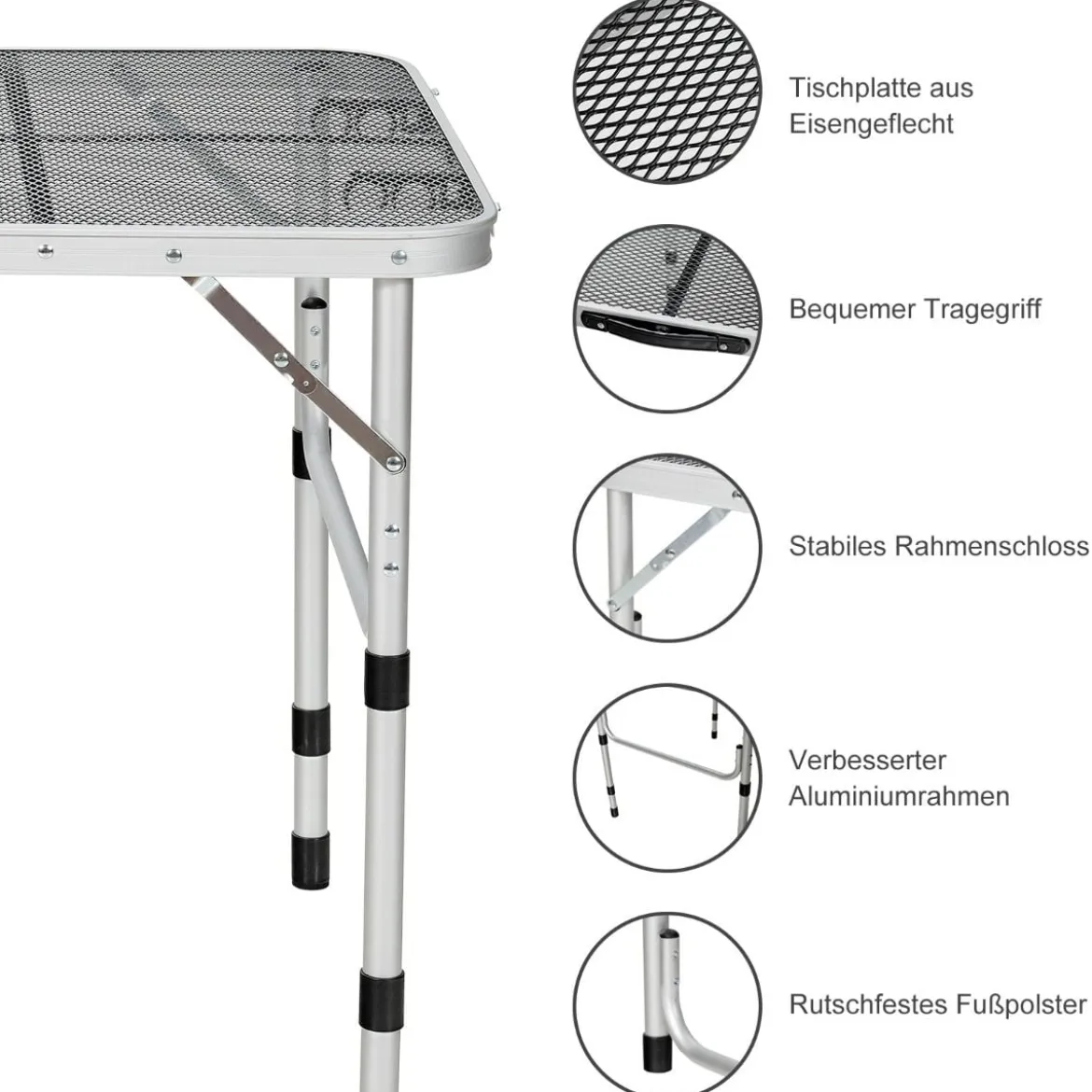 Klappbarer Campingtisch mit Eisengitter und Aluminiumrahmen für Innen- und Außenbereiche Silber