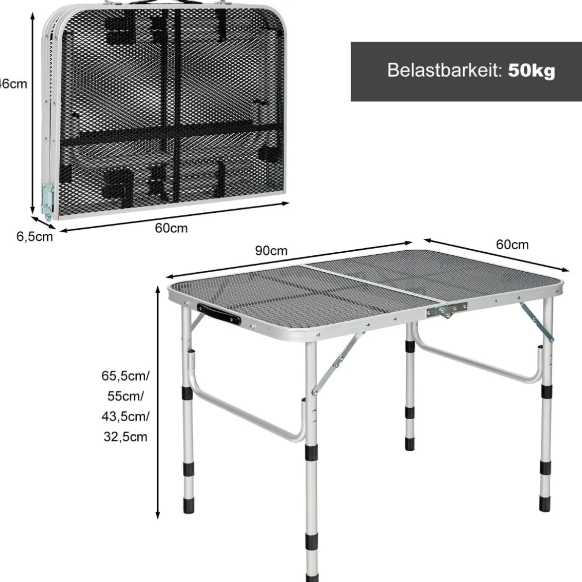 Klappbarer Campingtisch mit Eisengitter und Aluminiumrahmen für Innen- und Außenbereiche Silber