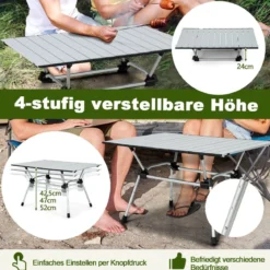 Klappbarer Campingtisch mit Tragetasche 4-stufig Höhenverstellbar 90 x 60,5 x 52 cm Silber