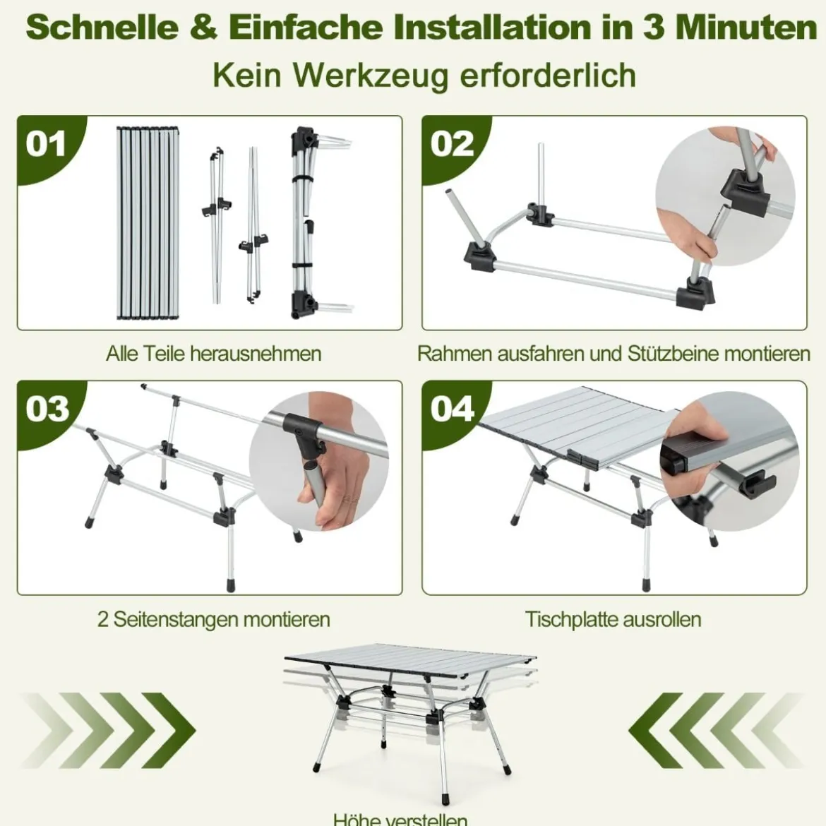 Klappbarer Campingtisch mit Tragetasche 4-stufig Höhenverstellbar 90 x 60,5 x 52 cm Silber