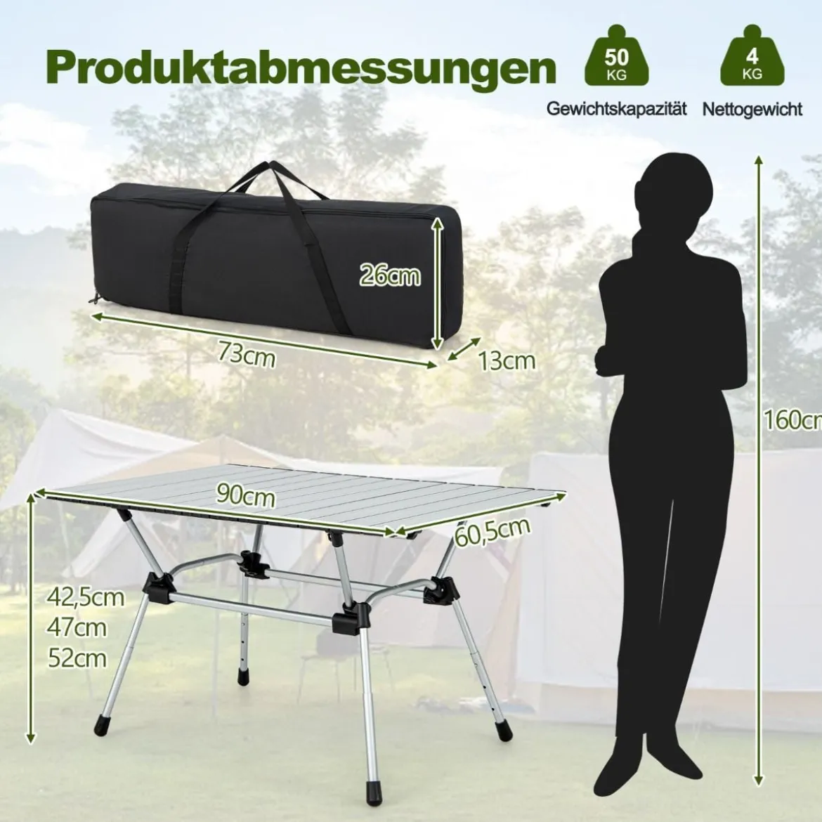 Klappbarer Campingtisch mit Tragetasche 4-stufig Höhenverstellbar 90 x 60,5 x 52 cm Silber