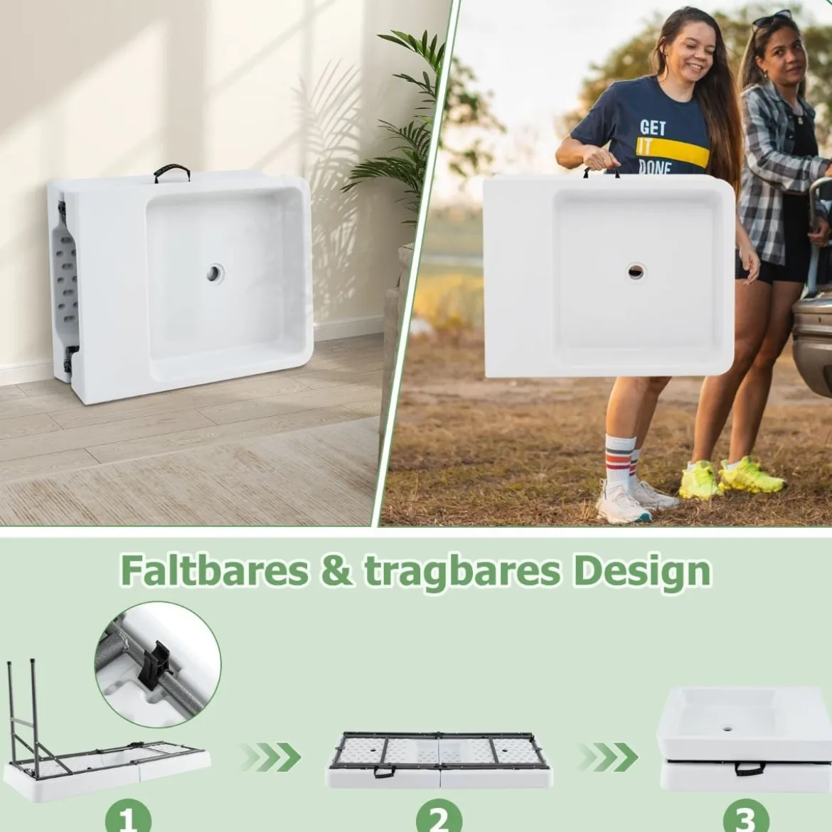 Klappbarer Campingtisch mit Doppelbecken & Schürze & Ablaufschlauch Kühltisch Gartentisch