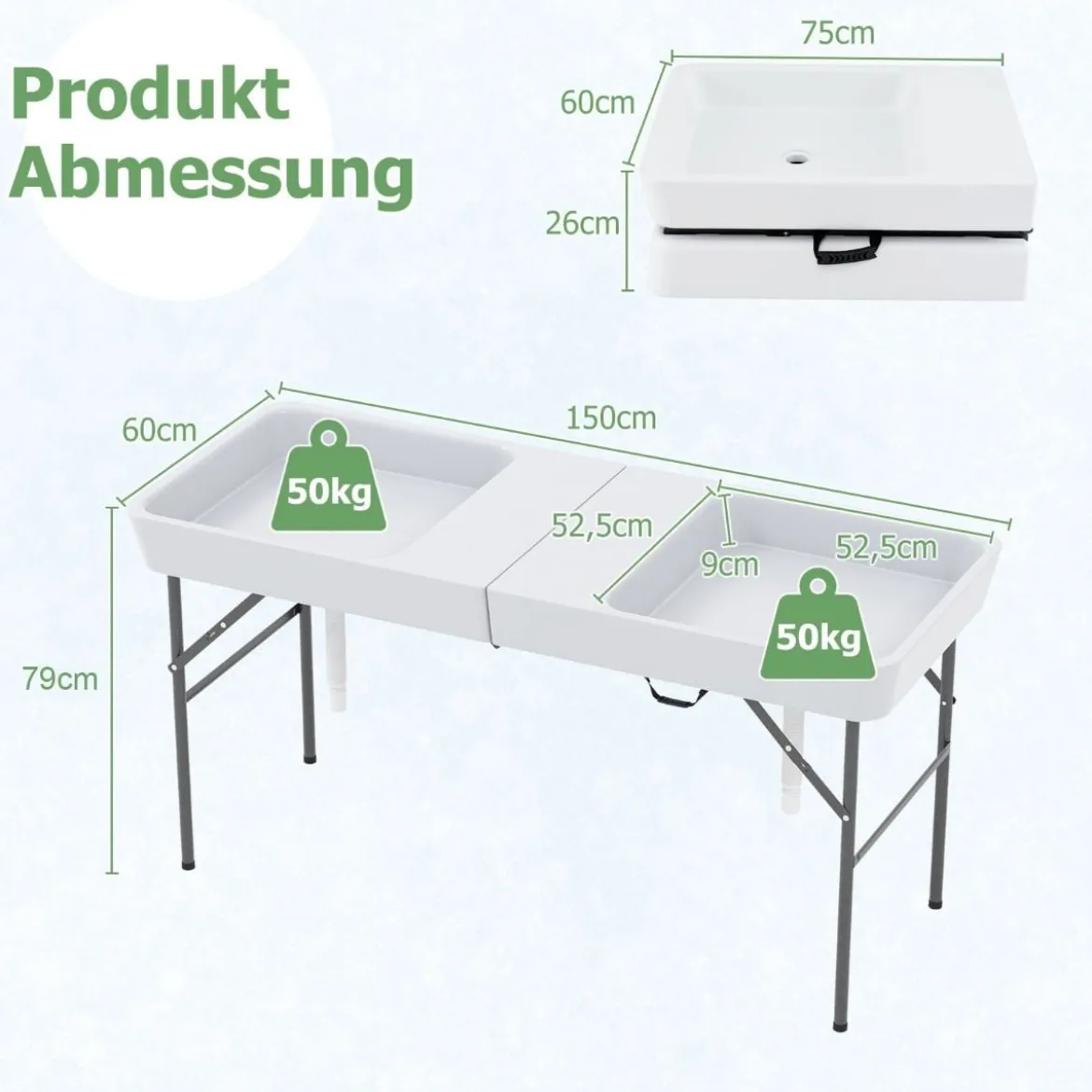 Klappbarer Campingtisch mit Doppelbecken & Schürze & Ablaufschlauch Kühltisch Gartentisch